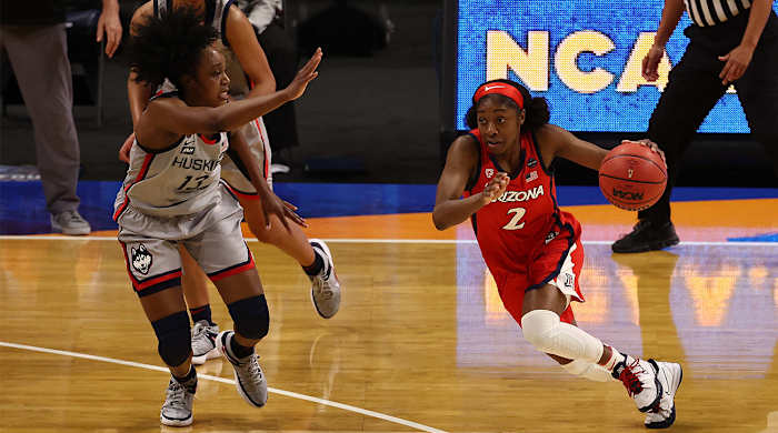 Aari McDonald dribbles the ball for Arizona
